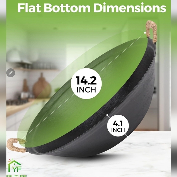 Brand New 14.2" Cast Iron Wok w/ Wood Lid | Pre-Seasoned | Flat Bottom | YFFutur - Picture 7 of 8
